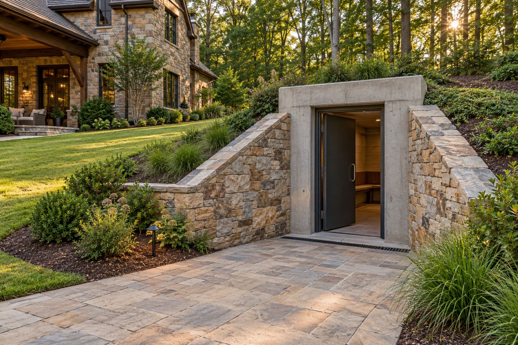 Concept visualization of a storm shelter entrance integrated into a landscaped hillside